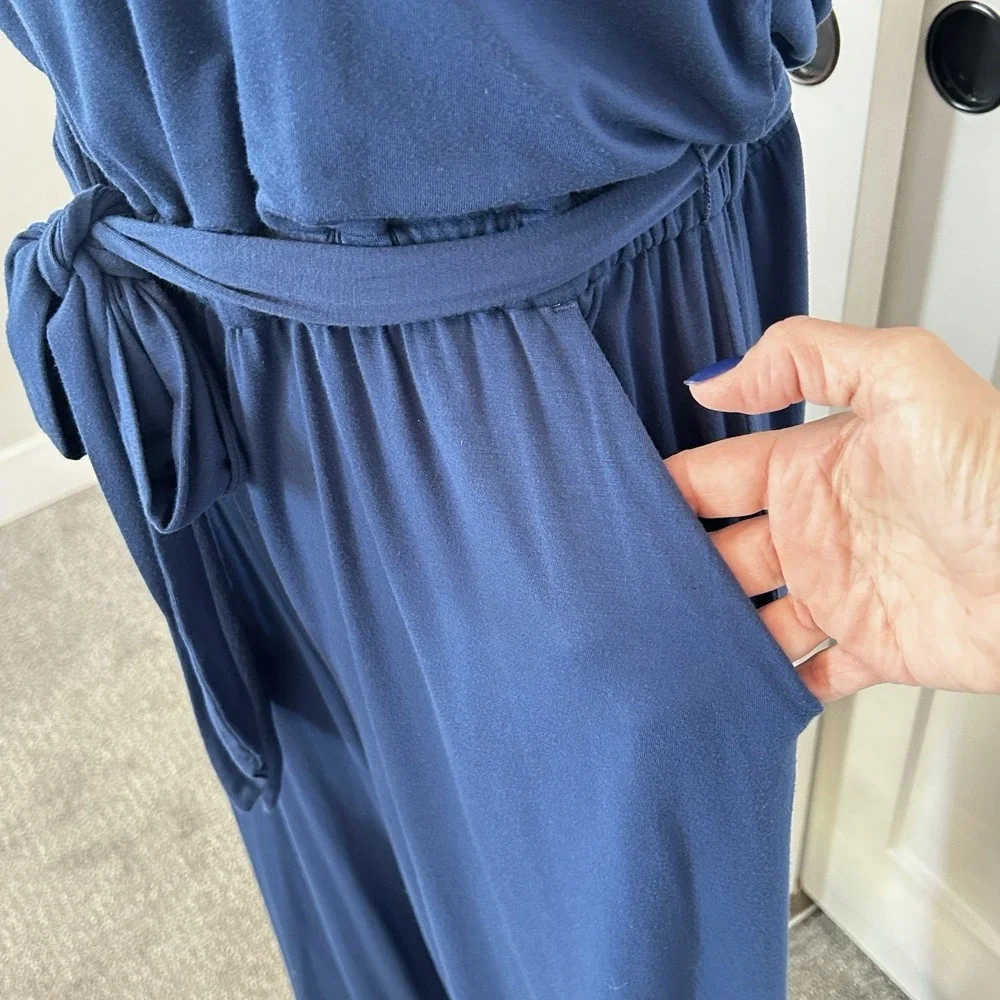 LOFT Blue Wide Leg Jumpsuit Women's LARGE Elastic Waist Pockets Strappy Back - Picture 5 of 11